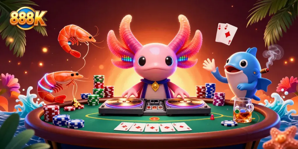 Experience thrilling action at 888 K casino with vibrant characters around a poker table.
