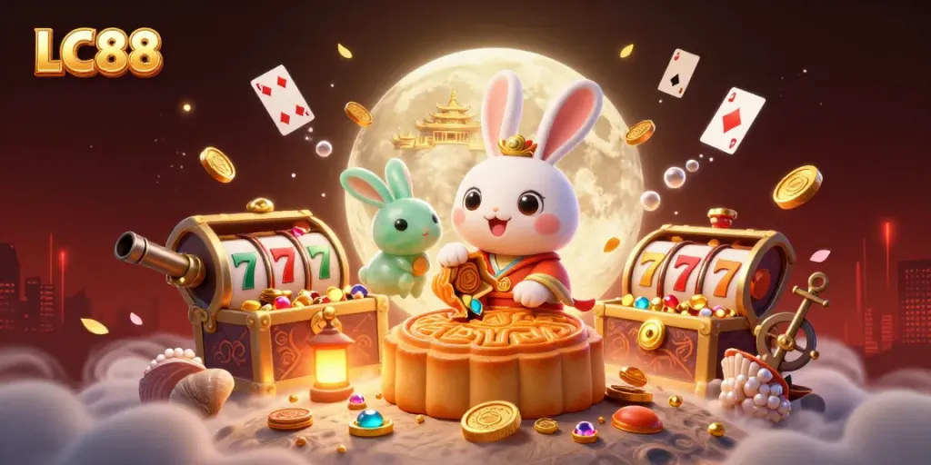 Experience LC88's exciting casino adventure with moon rabbits surrounded by slot reels and gold.