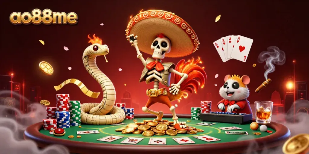Join the fun at ao88me with this vibrant casino dance illustration featuring a mariachi rooster and gold coins.