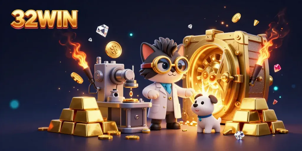 Experience the excitement of 32WIN's casino world with a mad scientist cat and assistant crafting treasures.