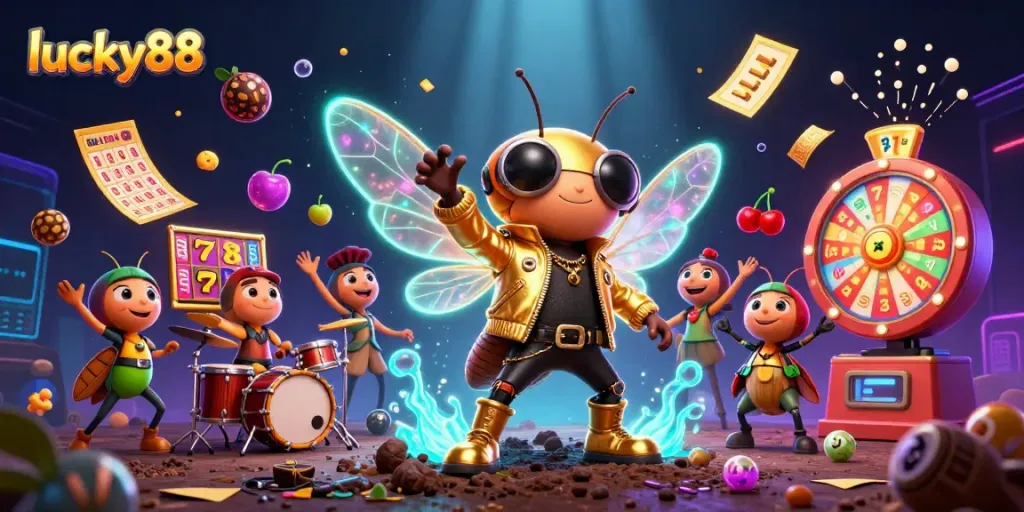 Engage with lucky88's vibrant casino scene featuring jackpot symbols and lively characters.