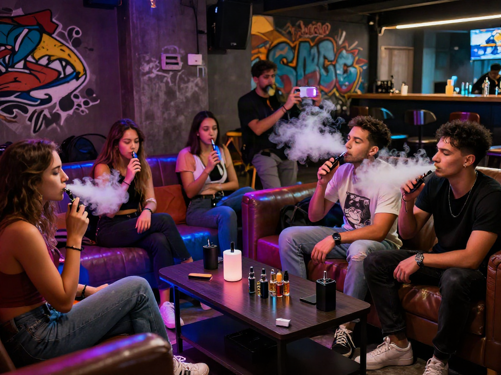 Friends enjoying raz vape devices in a modern vaping lounge with colorful ambiance