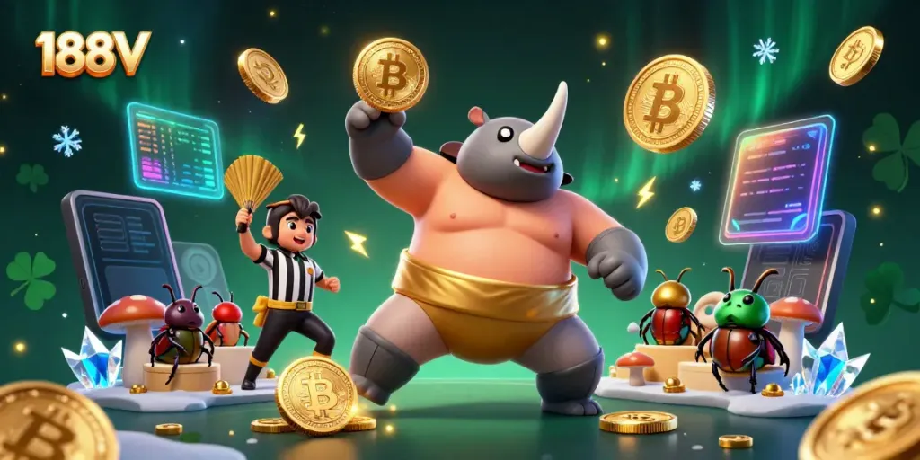 Experience the thrilling action of 188V with casino champions amidst glowing coins and vibrant gaming elements.