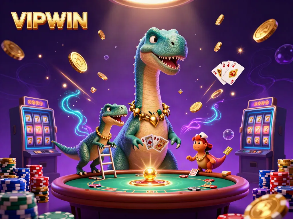 Experience the excitement of VIPWIN with a whimsical casino scene featuring a giant brontosaurus and raptor dealer.