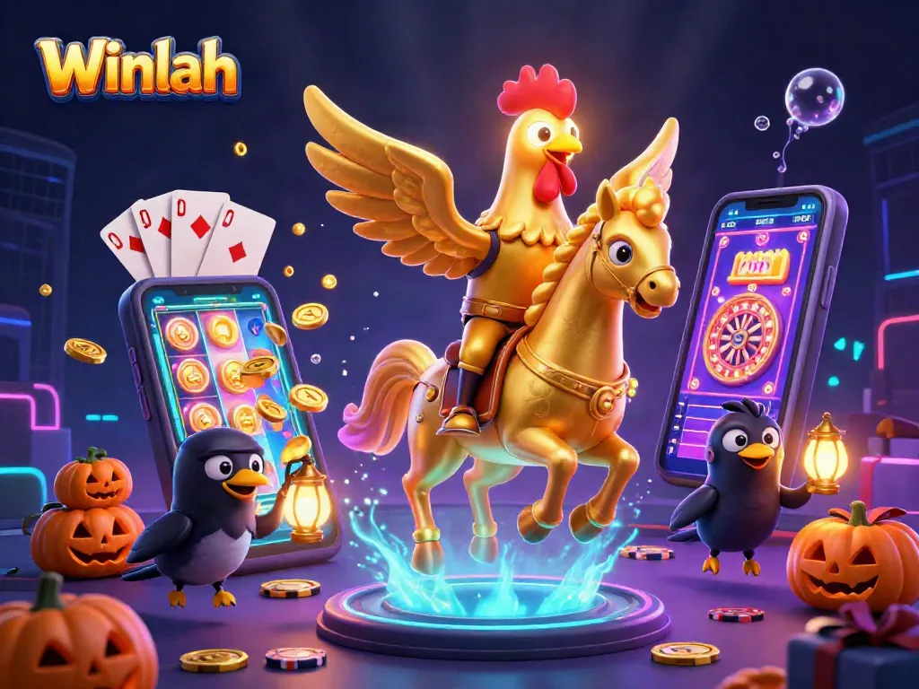 Experience thrilling wins and vibrant gameplay with Winlah's festive casino character illustration.