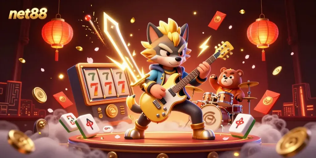Experience the vibrant energy of net88 with a dynamic casino-themed performance featuring a rock star wolf and a drummer bear.