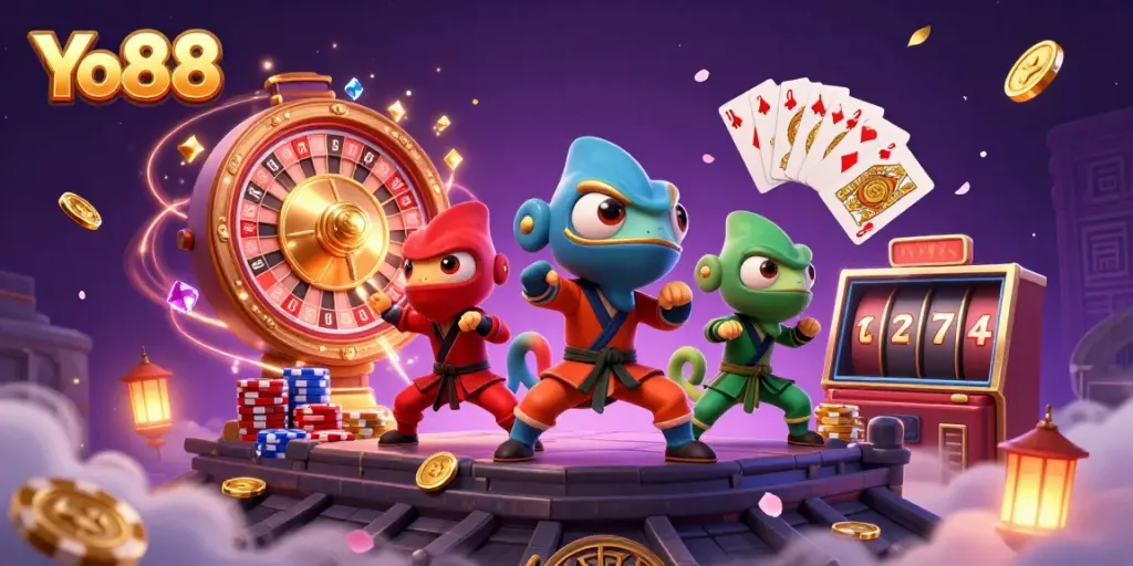 Experience thrilling action at Yo88 with a dynamic chameleon ninjas scene showcasing martial arts moves and vibrant casino elements.