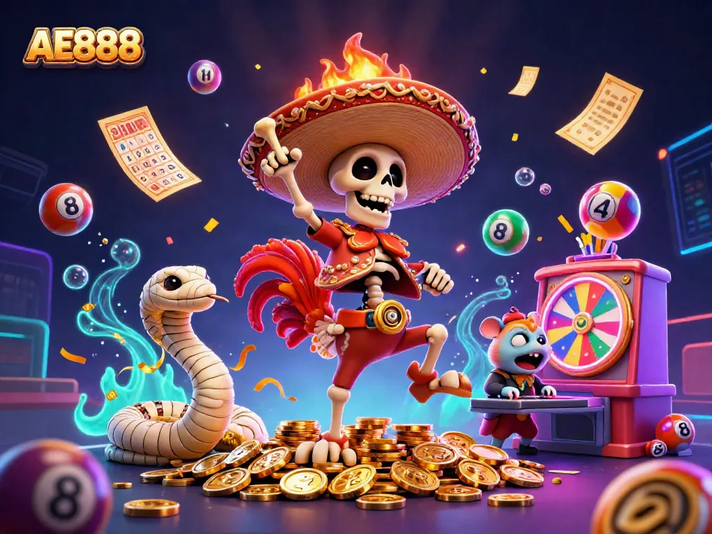 Experience explosive wins with AE888's vibrant casino games, showcasing energy and excitement through dynamic characters and elements.