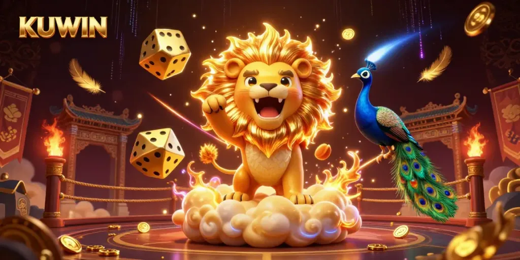 KUWIN's vibrant casino scene with a roaring sun lion and golden dice, showcasing dynamic gameplay.