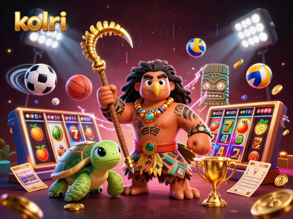 Engage in thrilling kolpri gaming with a vibrant scene featuring a demigod and dynamic slot reels.