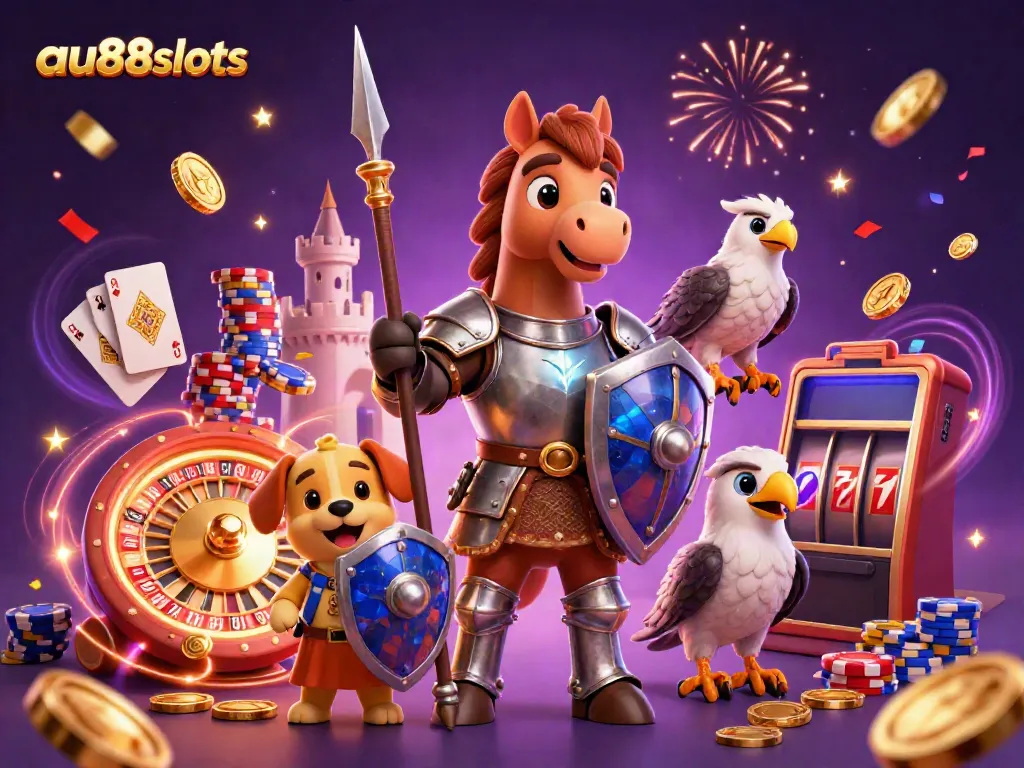 Experience thrilling action with au88slots, showcasing a knight and puppy amidst casino elements.