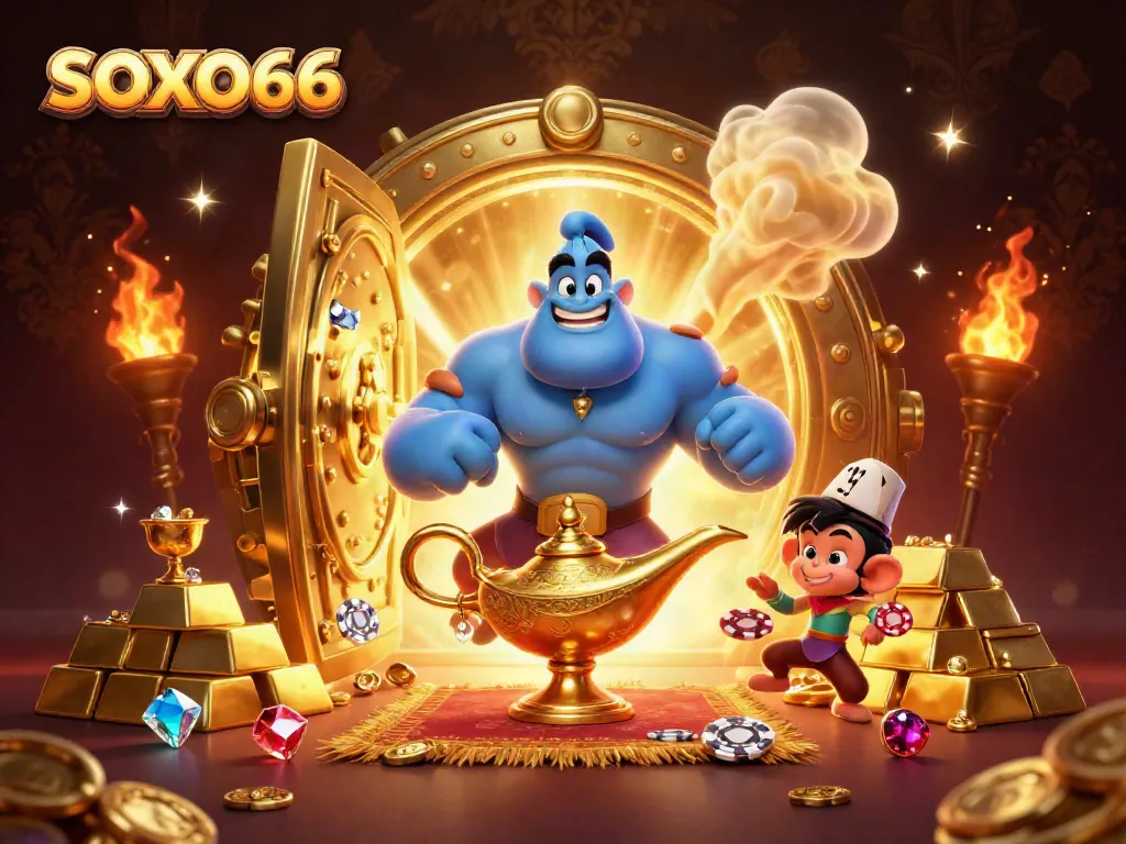 Experience the thrill of SOXO66 as a dynamic genie grants wealth from golden treasures.
