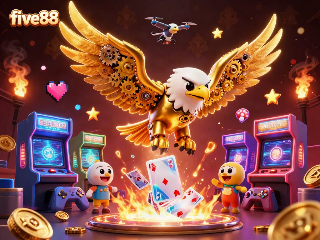Join the thrilling action at five88, featuring dynamic 3D casino elements and colorful gaming machines.