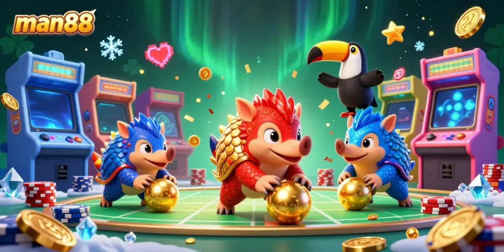 Experience thrills with man88 as rival pangolins roll through poker chips in a vibrant casino setting.
