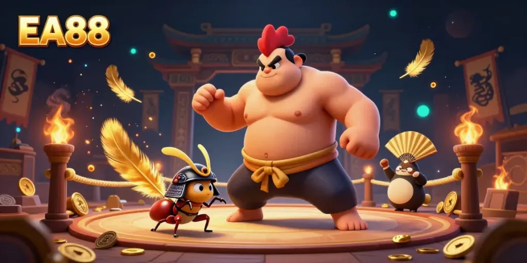 Experience thrilling moments at EA88 with a powerful sumo wrestler and fierce samurai cricket in an electrifying casino arena.
