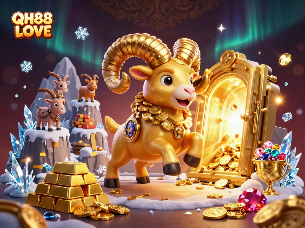 Experience QH88 LOVE with a golden ram charging towards riches in this vibrant casino illustration.