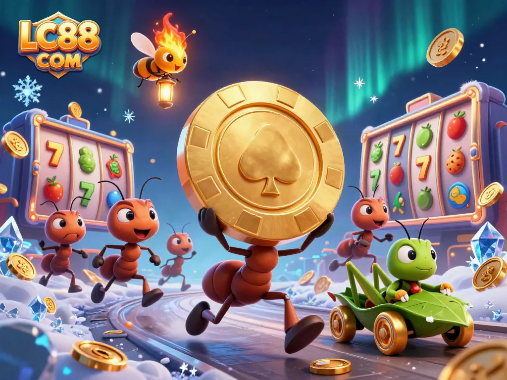 Experience the excitement of LC88 COM with ants on a casino heist, featuring vibrant slot elements.