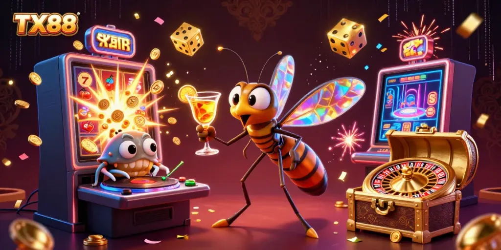 Engage with TX88’s thrilling casino scene featuring a mosquito mascot, trilobite DJ, and roulette elements.