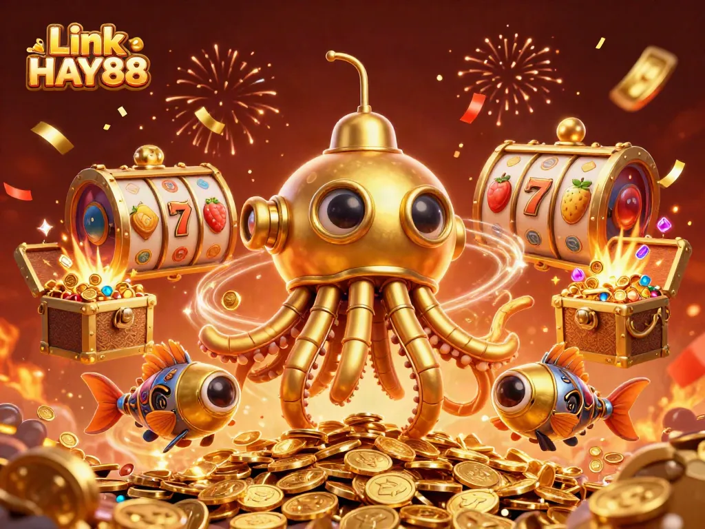 Engage with Link HAY88 while visualizing a vibrant casino adventure packed with playful characters and slot game symbols.
