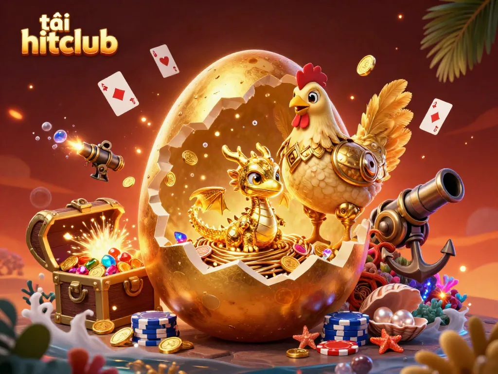 Engaging scene to tải hitclub, showcasing a golden baby dragon amidst poker chips in a vibrant casino-themed setting.