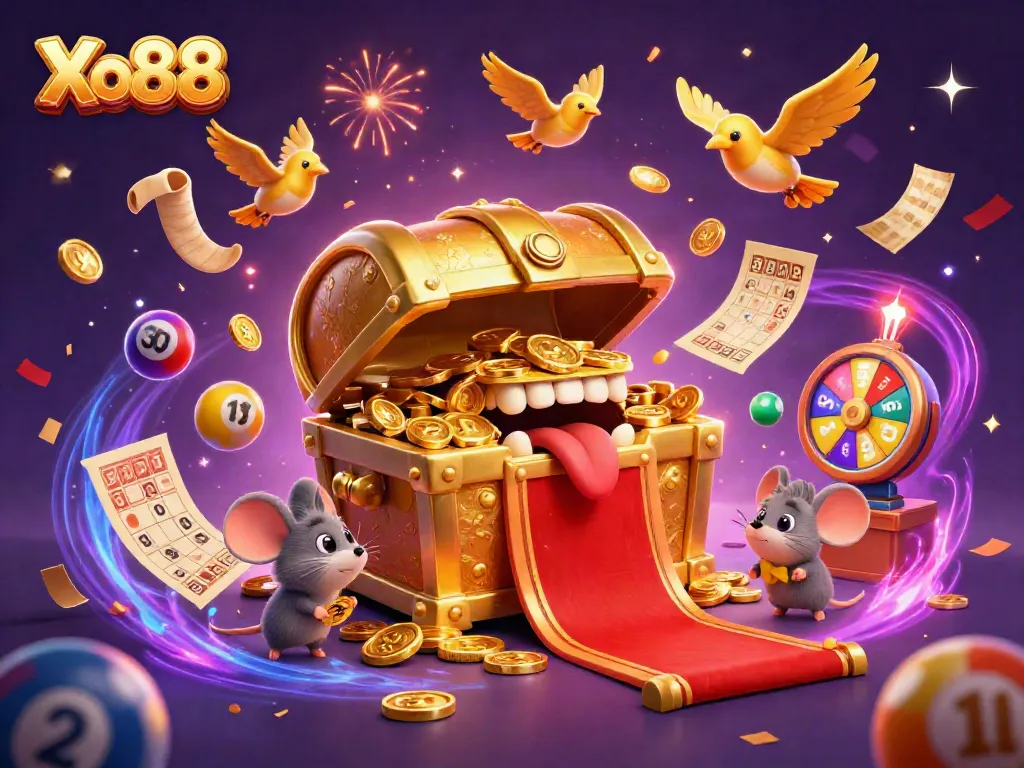 Engage in thrilling Xo88 adventures with colorful lottery elements and golden treasures.