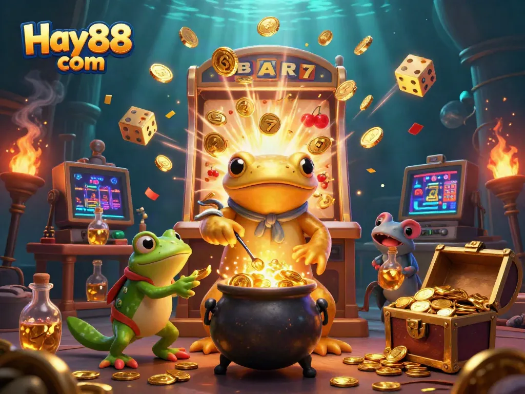 Engage with Hay88 com's vibrant 3D casino scene featuring an alchemist, frog apprentice, and exciting game elements.