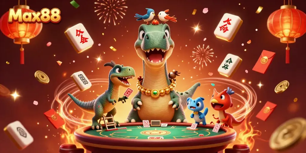 Max88 features a lively casino scene with a dinosaur and raptor dealers in a whimsical 3D illustration.