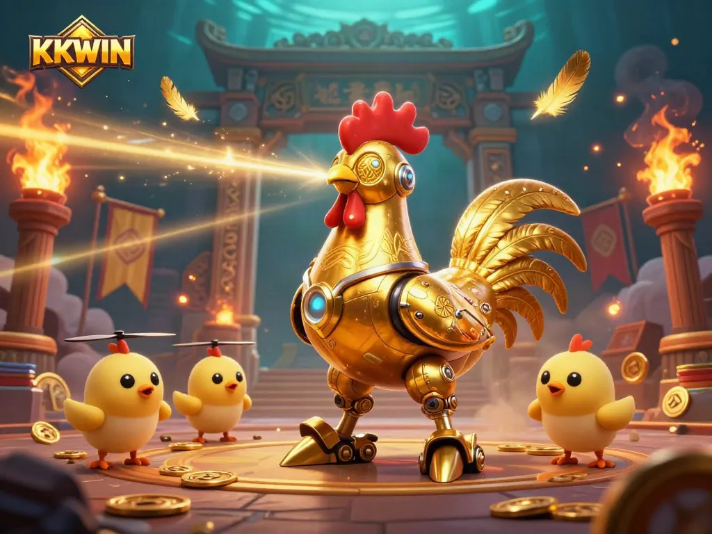 Experience KKWIN's vibrant casino scene with a golden rooster robot and baby chick drones inspired by thrilling games.