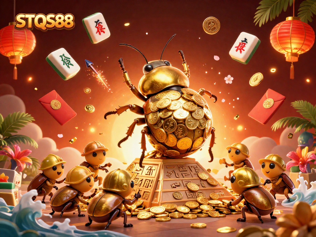 Engage with ST QS88's vibrant casino gaming world through a dynamic 3D illustration of beetles, coins, and festive elements.