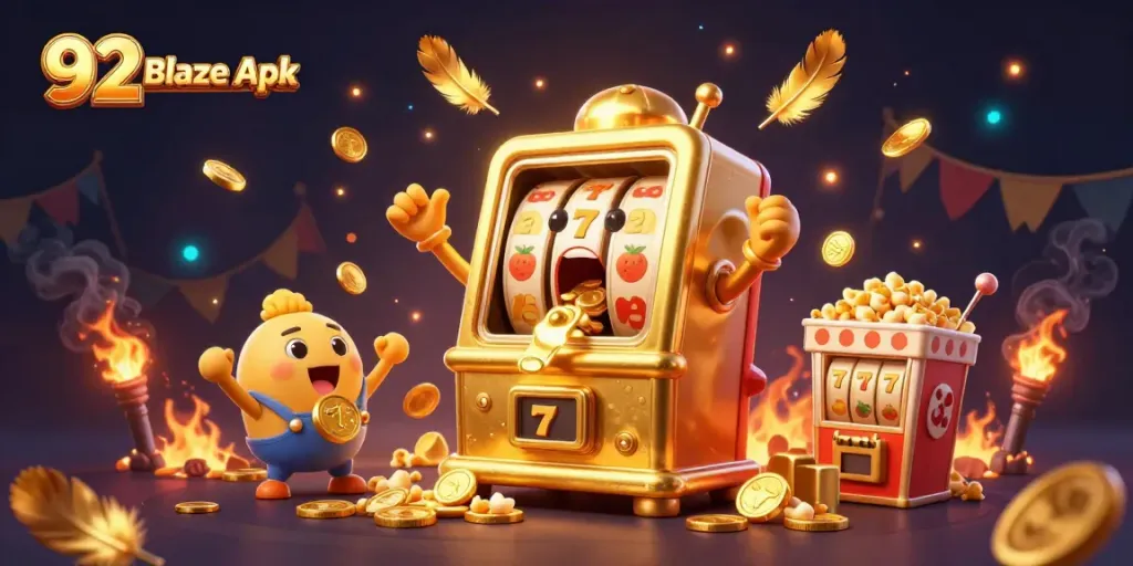 92 Blaze Apk showcases a golden slot machine celebrating wins amid vibrant casino elements.