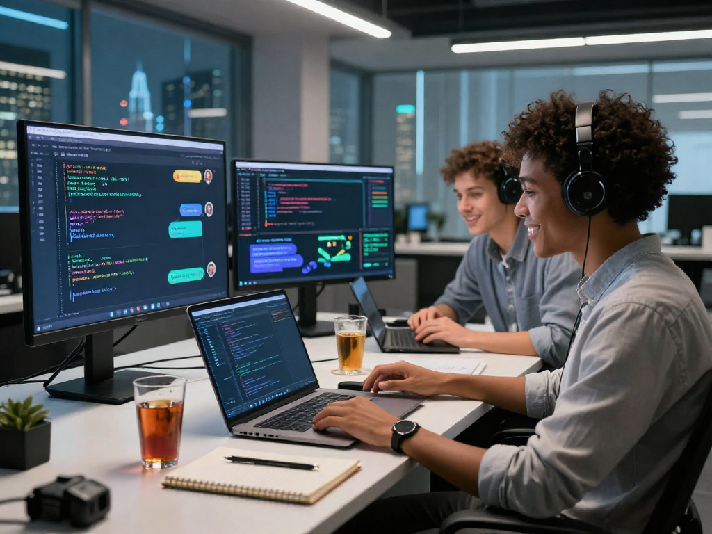 Dynamic virtual chat scenario showcasing juicy chat technology in a high-tech workspace.
