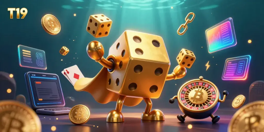 T19 players enjoying the thrill of 3D casino games with animated golden dice and cryptocurrency