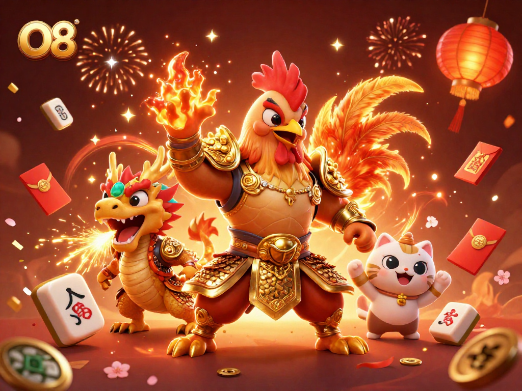 Experience the vibrant energy of O8 with a powerful rooster warrior, dragon hatchling, and lucky cat in a festive casino scene.