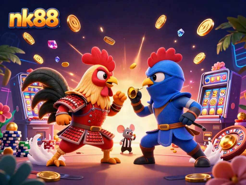 Engage in thrilling battles between nk88's samurai rooster and ninja rooster amidst dazzling casino elements.