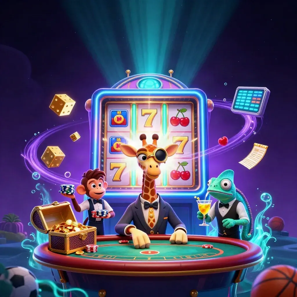 Giraffe, monkey valet, and chameleon bartender amid slot burst, gold, and cosmic casino glow.