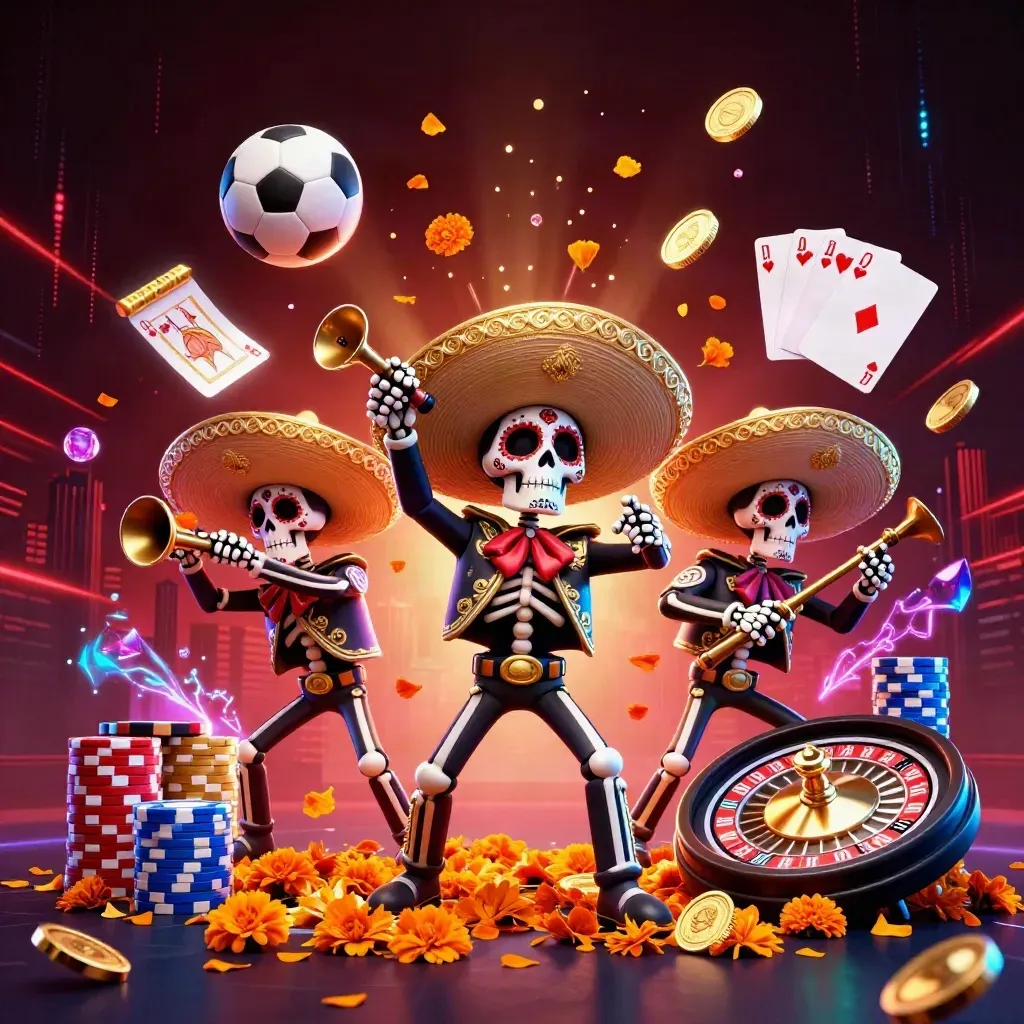 Skeleton mariachi trio amid coins, chips, roulette, soccer ball, and neon casino energy.