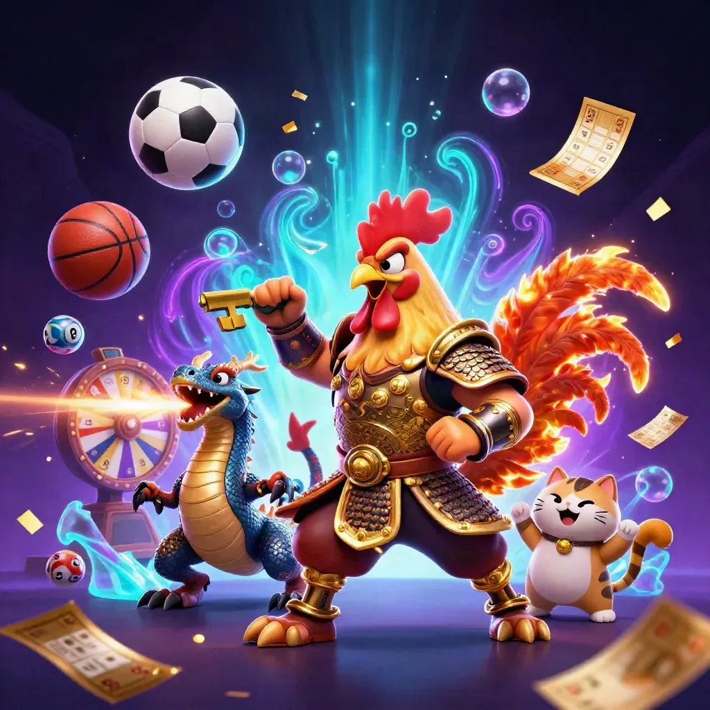 Rooster warrior, dragon hatchling, and fortune-cat amid casino game pieces and neon cosmic effects.