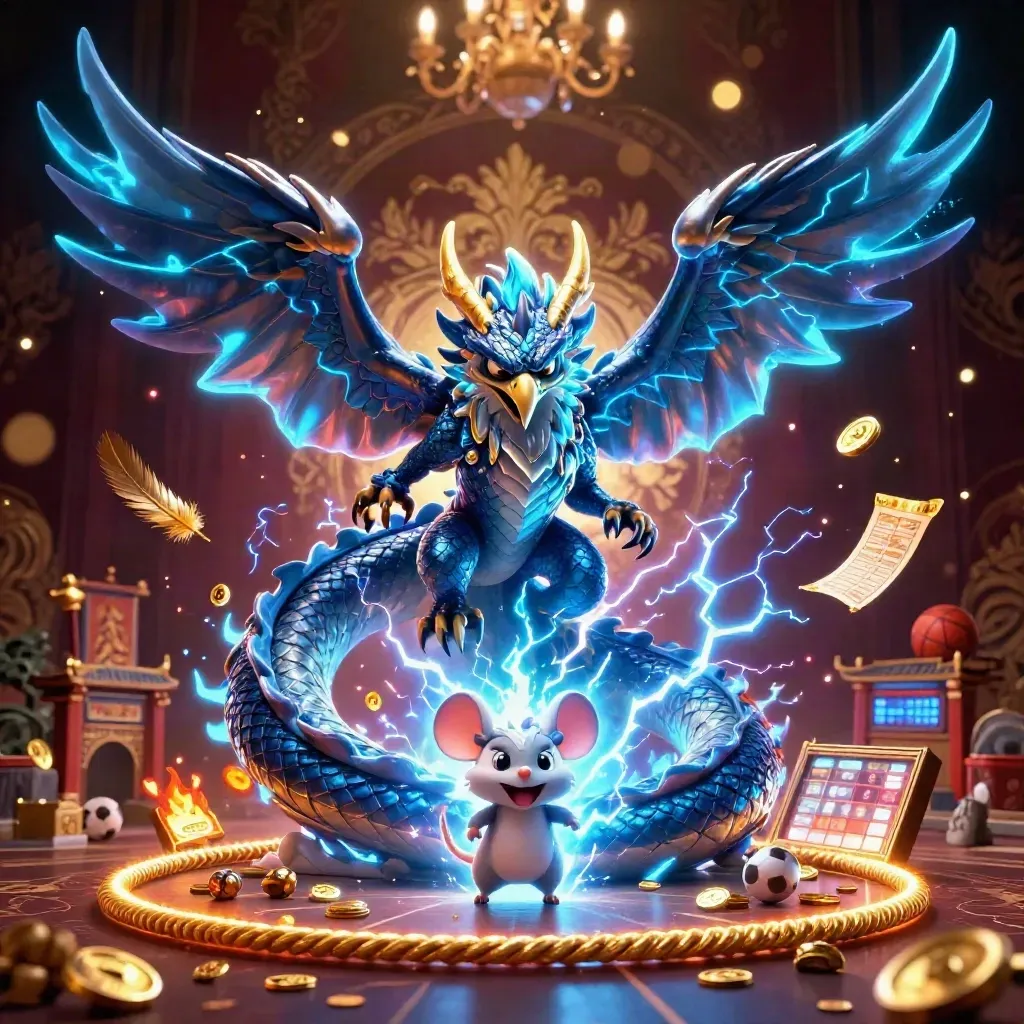 Thunder dragon, hawk, and mouse amid gold, temple gate, sports props, and electric-blue casino light.