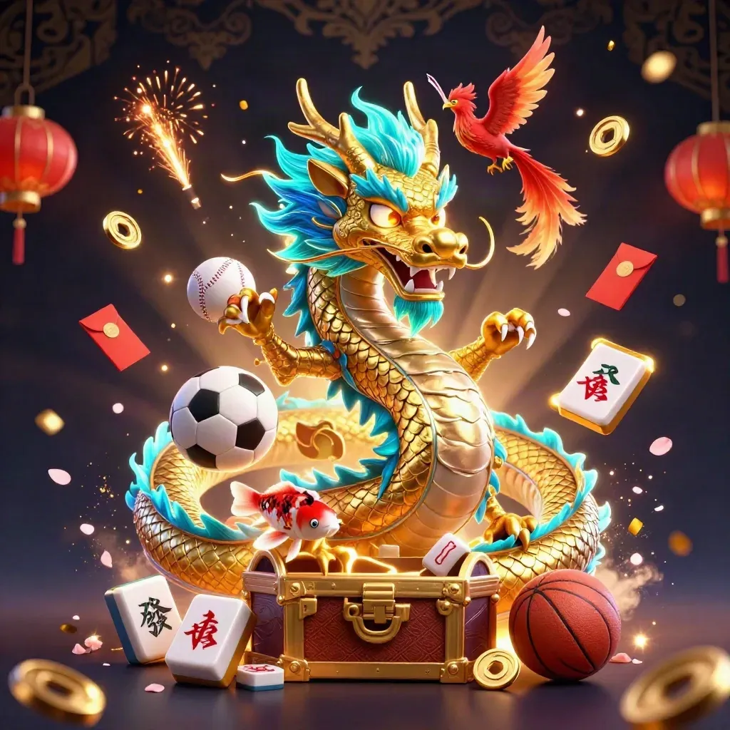 Golden dragon with phoenix and koi, surrounded by casino charms, sports balls, and neon light.