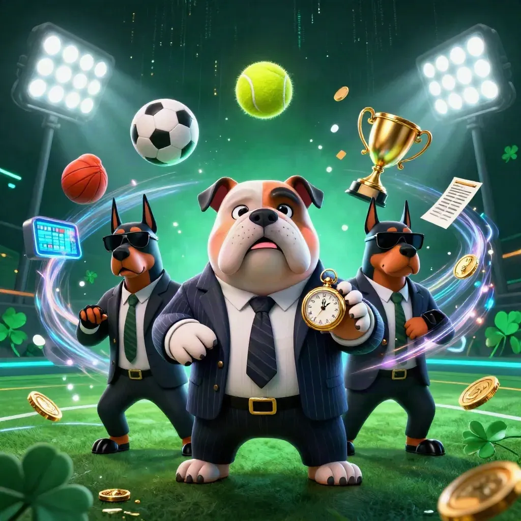 Bulldog casino boss and two Dobermans with flying sports balls in neon key art.