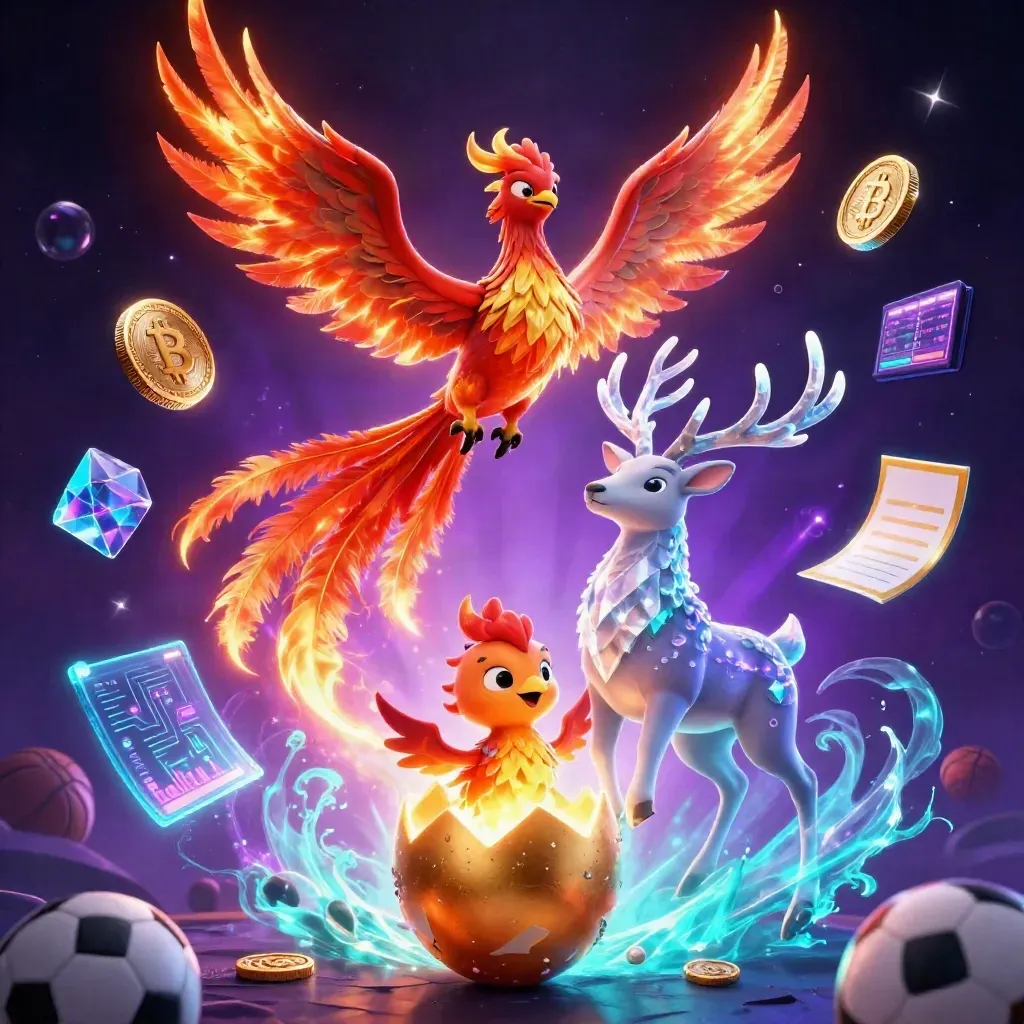 Phoenix, baby phoenix, and crystal stag amid neon casino coins and cosmic energy.