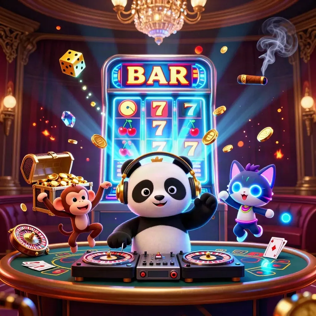 DJ panda, breakdancing monkey, and rave kitten in a luxe casino with slot bursts and glowing gold.
