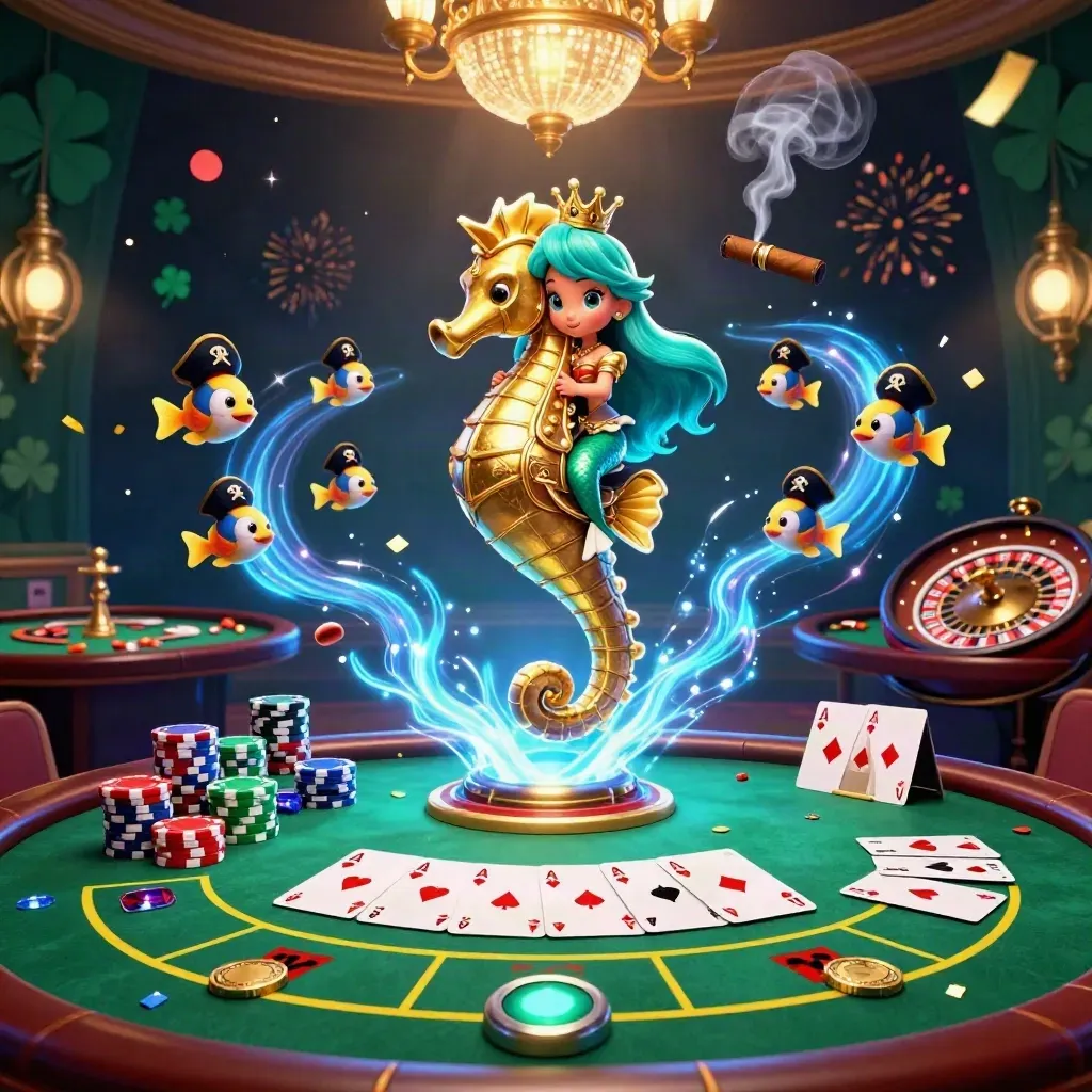 Mermaid princess rides a golden seahorse in a neon casino with cards, chips, fireworks, and shamrocks.
