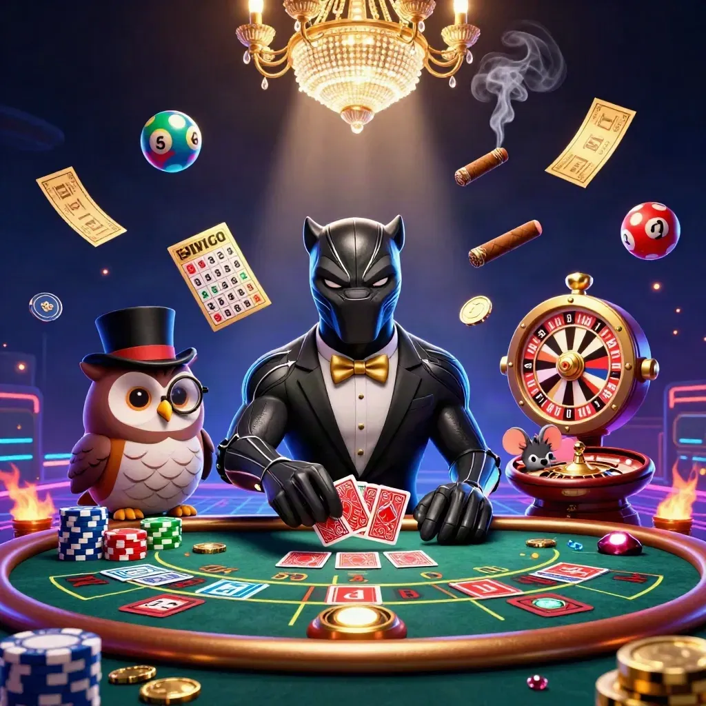 Panther, owl, and mouse at a neon casino table as game elements burst through a dark room.