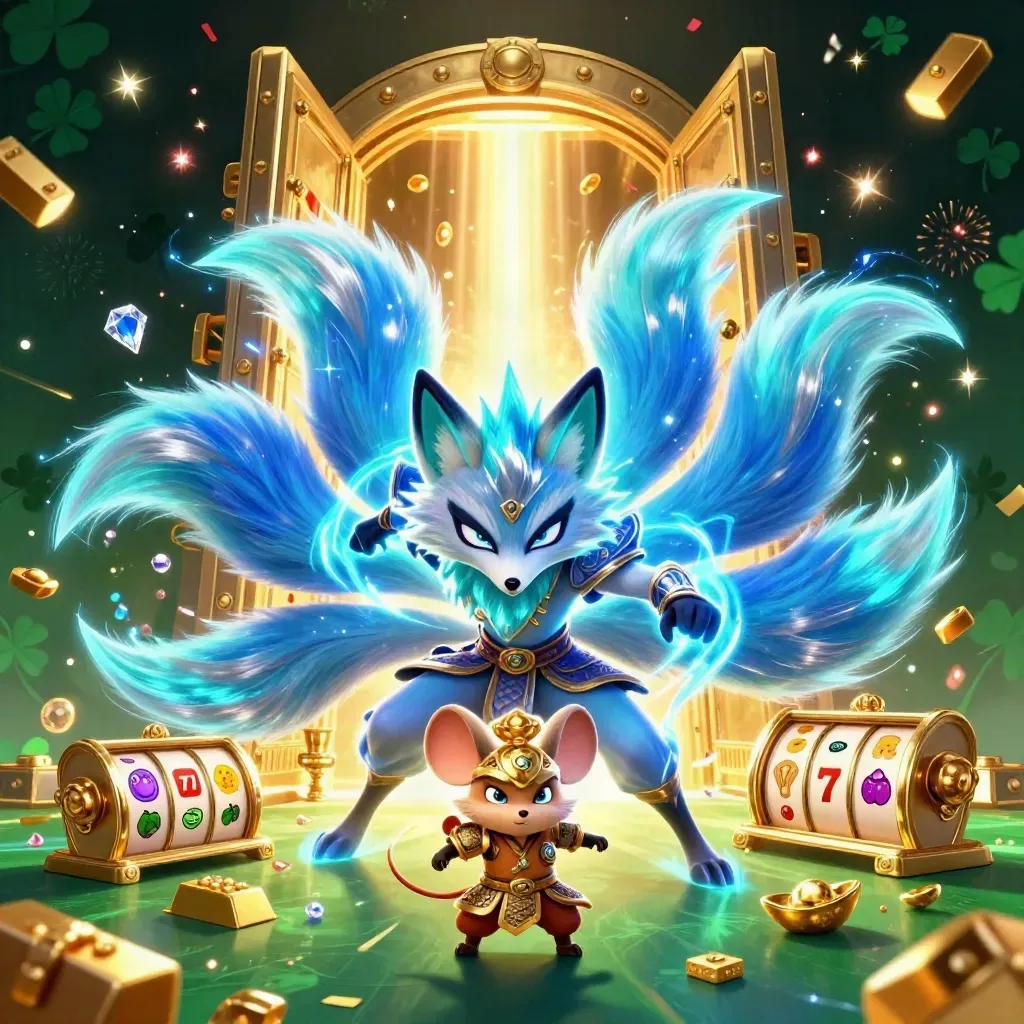 Nine-tailed fox spirit and armored mouse burst from a treasure vault amid gold, gems, and neon magic.