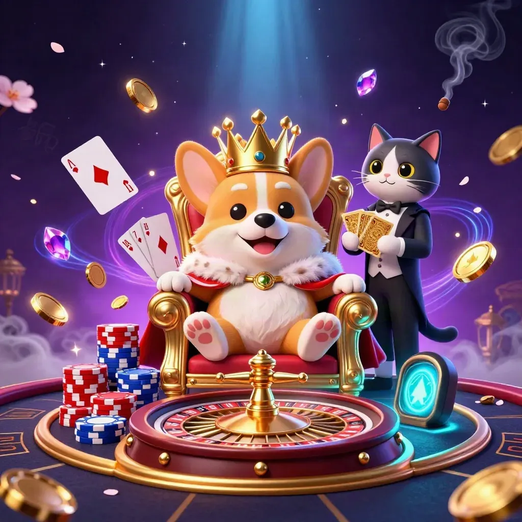 Royal corgi and cat butler amid neon casino magic, chips, gems, and a spinning roulette wheel.