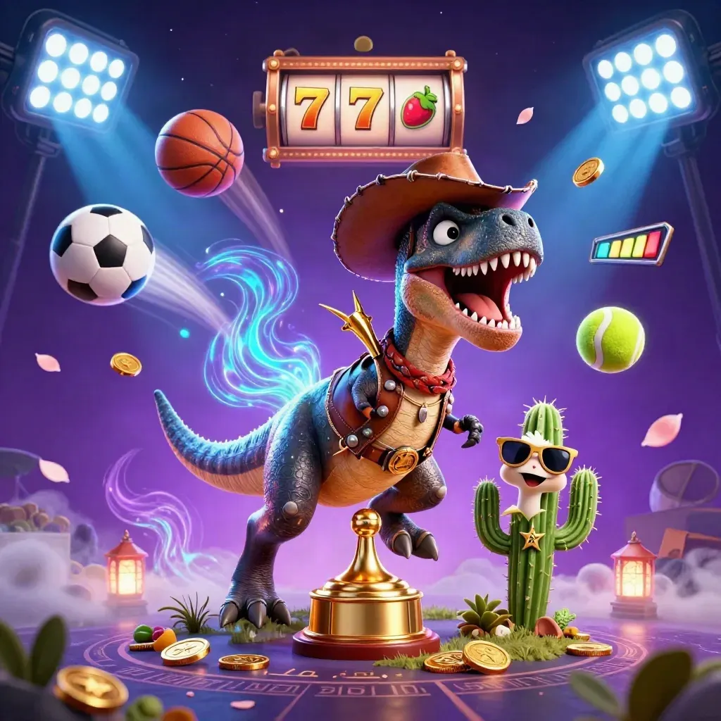 Cowboy T-Rex, cactus, and roadrunner amid neon sports balls, trophy, coins, and cosmic energy.