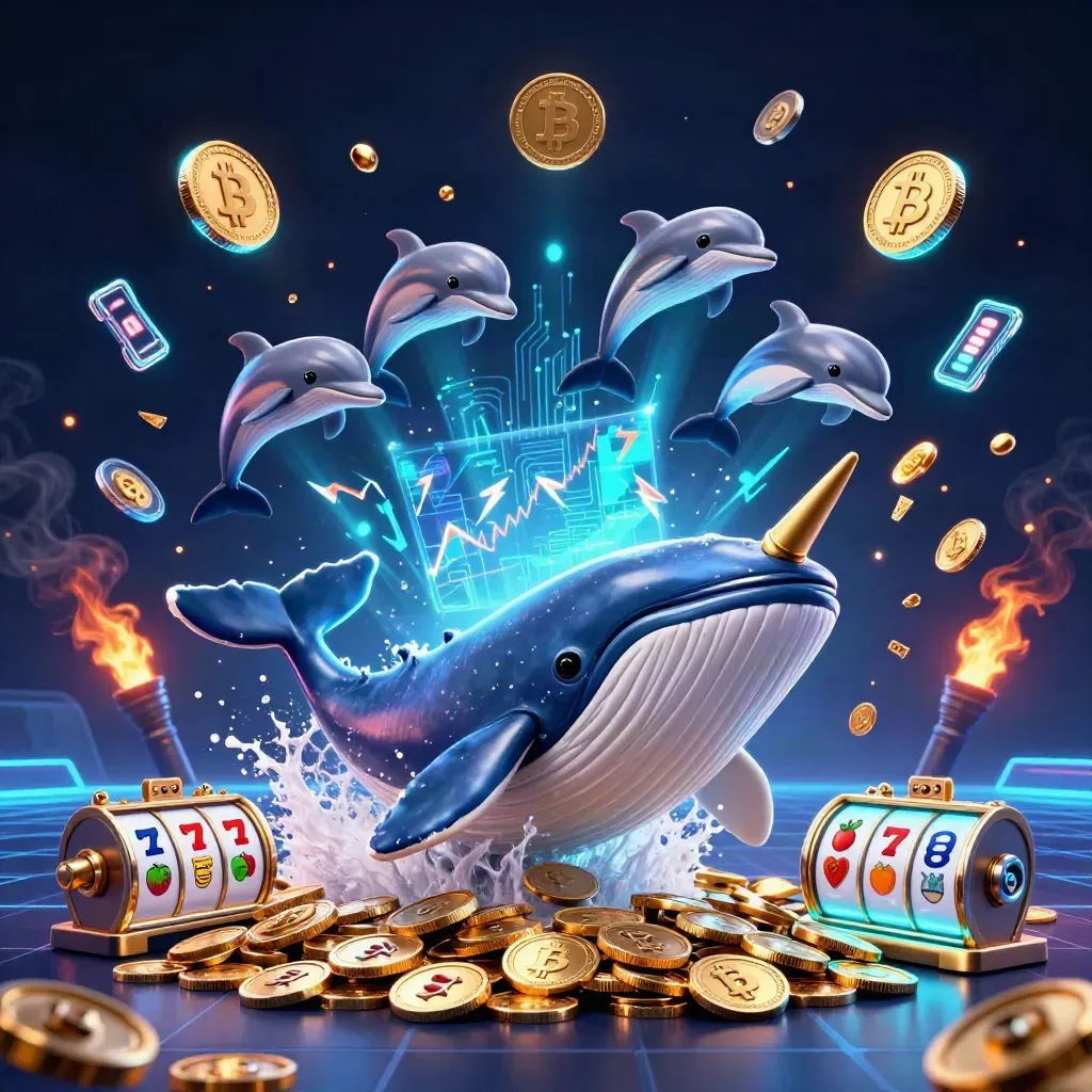 Whale captain, narwhal and dolphins erupt through coins with blue neon crypto casino effects.