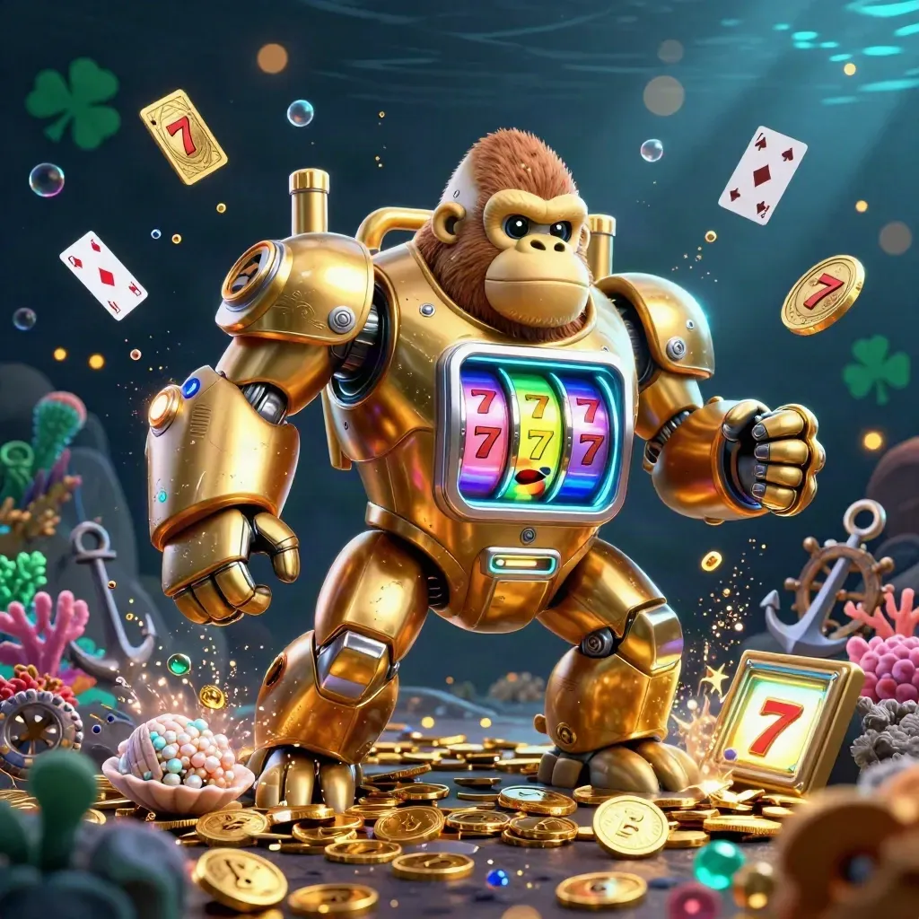 Golden gorilla mech bursts from a sunken cove with coins, coral, cards, and neon cyan casino glow.