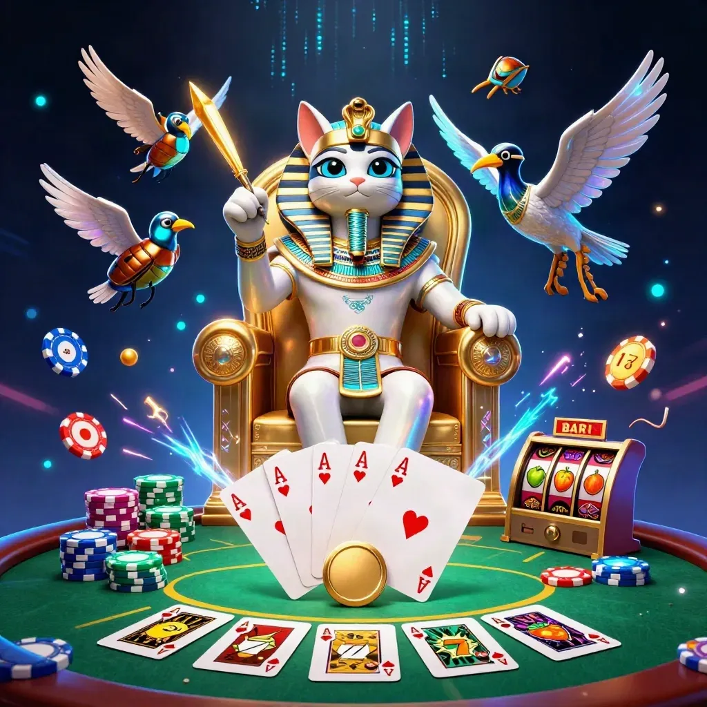 Pharaoh cat, ibis scribe and gem-winged scarabs amid neon casino cards, chips and blue magic.